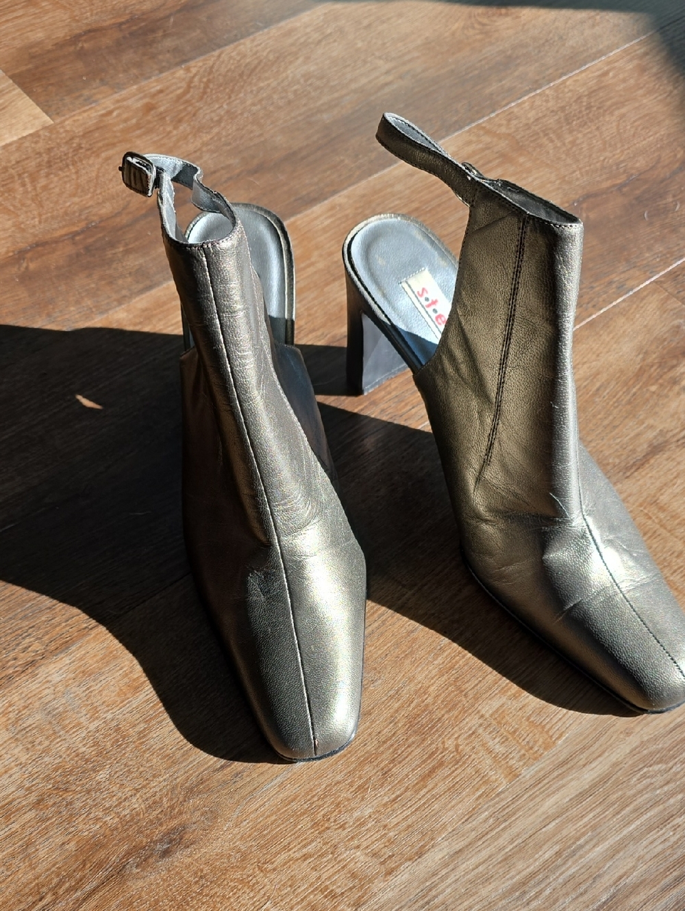 Metallic Slingback Block Heel Boots - Pewter